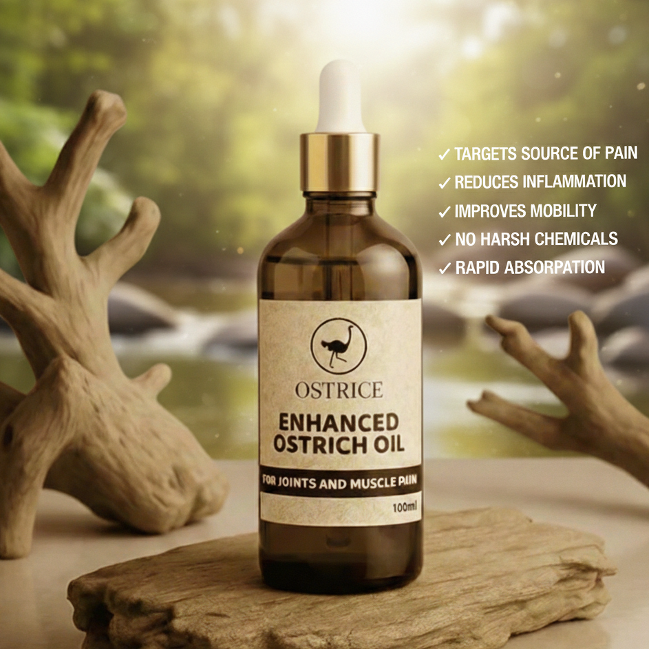 Bottle of Ostrice Enhanced Ostrich Oil with natural background