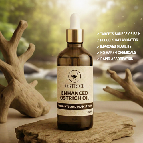 Bottle of Ostrice Enhanced Ostrich Oil with natural background